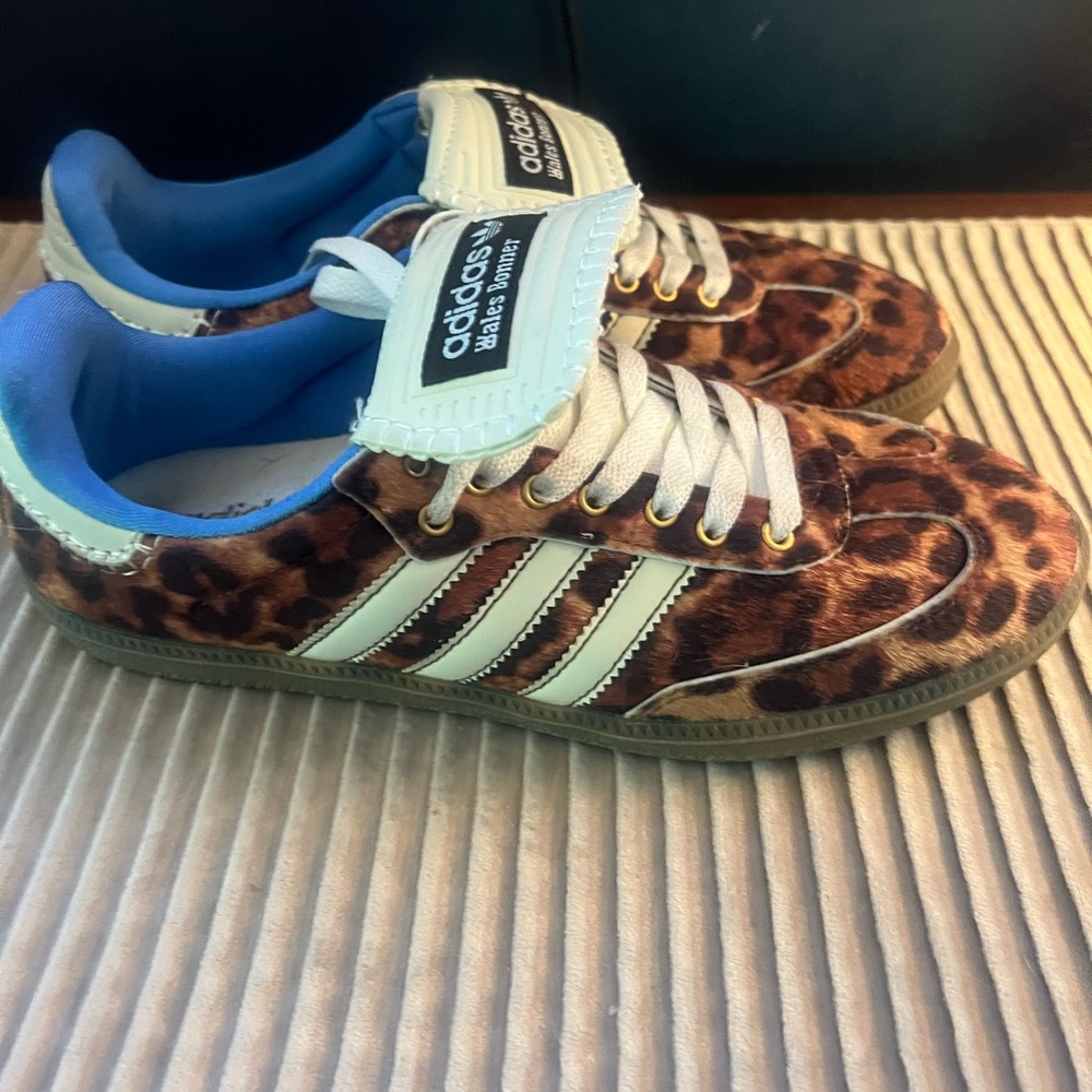 Adidas Brown and White Sneakers with Animal Print